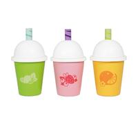 Le Toy Van - TV336 - Gioco educativo set 3 bicchieri giocattolo, per bambini dai 2 anni, bicchieri take away smoothie e succhi con cannuccia, giocattoli Montessori in legno naturale certificato FSC