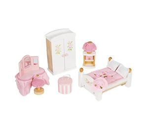 Le Toy Van - ME057 - Camera da letto per casa delle bambole, 3 anni, Set mobili di legno 19 pezzi, giocattoli ecologici, Montessori, include letto matrimoniale, toeletta, armadio, comodino, accessori