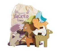 Le Toy Van - PL087 - Gioco educativo animali della foresta impilabili, per bambini dai 18 mesi, attività di equilibrio, 9 animali e borsa, in legno FSC, gioco ecologico, senza plastica, Petilou