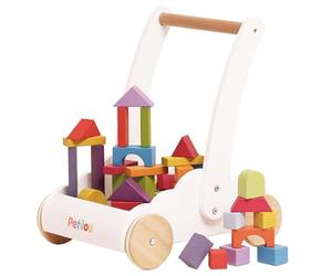 Le Toy Van - PL22 - Gioco educativo Carrello Primi Passi multiattività per Bambini, 1 Anno, con Scomparto 45 Blocchi in Legno, Montessori, Girello, Ecologico, riconoscimento Forme e Colori, Petilou
