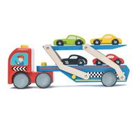 Le Toy Van - TV444 - Gioco camion bisarca e 4 macchinine auto da corsa, 3 anni, in legno certificato FSC, include 36 stickers adesivi, giocattolo per bambino, Montessori, ecologico