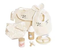 Le Toy Van - TV598 - Gioco educativo borsa maternità per bambole, giocattolo per bambine dai 2 anni, Montessori, 8 pezzi, in cotone naturale e legno massello FSC, accessori pappa e cambio inclusi