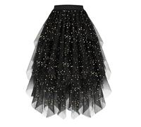 LEACOOLKEY Gonna in Tulle per Donna Stratificata A-Line Midi Lunga Irregolare per Carnevale Natale Feste Ballo,D-Nero（Paillettes）,S