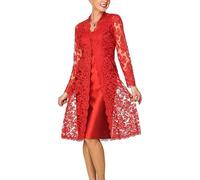 Leader of the Beauty 2 pezzi Madre della Sposa abiti da donna lunghezza tè abiti formali da donna con giacca in pizzo, Arancione e rosso, 50