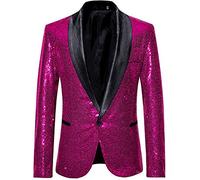 Leader of the Beauty Giacca da uomo con risvolto e paillettes, con un bottone, casual, slim fit, blazer, per matrimoni e balli, Fucsia, 48chest/42waist