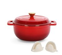 LEADZM Pentola in ghisa da 26 cm, 4,7 l, con coperchio, smaltata, pentola per pane per arrosti, cucina, stufatura, certificato FDA (rosso)