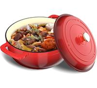 LEADZM Pentola in ghisa da 28 cm, 5,7 l, con coperchio, smaltata, pentola per pane per arrosti, cucina, stufatura, certificato FDA (rosso)