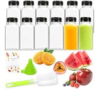 Leaflai Bottiglie per succhi, 12 pezzi, bottiglie da 250 ml con tappo, bottiglie in plastica per succhi con adesivi a tema frutta, bottiglie vuote riutilizzabili per succhi, latte, frullati o bevande