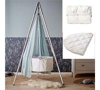 Leander - Set per culla, completo incluso: culla bianca con treppiede bianco, velo blue, 2 lenzuola con angoli bianchi, 1 coprimaterasso