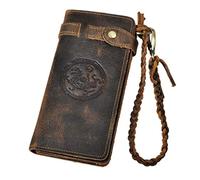 Le'aokuu Uomini Vera Pelle Bifold Organizzatore Portafoglio Checkbook Chain 3377 (3377 A Drago Marrone Scuro)