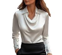 Leaomuny Camicetta Curvy per Donna Moda di Raso a Manica Lunga Camicia Scollo a V Pieghe Elegante Blusa Leggeri Basic per Riunioni Top Casual Business Ufficio per Matrimoni T Shirt