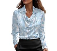Leaomuny Camicetta Donna Elegante Invernale Seta Camicia Cerimonia Fantasia Raso Scollo a V Oversize Blusa Pieghe Moda Casual Vita Quotidiana Top Slim Fit e Feste Shirt Business Ufficio