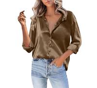 Leaomuny Camicia Elegante per Donna Curvy in Raso a Manica Lunga Camicetta con Bottoniera Moda T Shirt Casual Slim Fit per Matrimoni Top Leggeri per Riunioni Vita Quotidiana Blusa