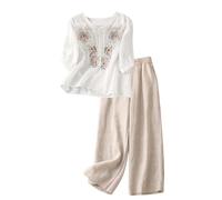 Leaomuny Completo Lino Donna Manica Lunga Set Camicia Curvy Completi Due Pezzi per Deserto Pantalone Lungo Casual Coordinato Oversize Loungewear Mare Abbigliamento Morbido da Casa Primaverile