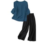 Leaomuny Completo Tuta Lino e Cotone Manica Lunga Set Camicia Casual Completi Due Pezzi per Deserto Pantalone Lungo Curvy Coordinato Oversize Loungewear Mare Abbigliamento Morbido da Casa Primaverile