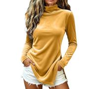 Leaomuny Maglietta Donna Elegante Velluto Curvy, Blusa Sera Cerimonia Manica Lunga Collo Alto, Camicetta Top Eleganti Particolare Spacco sull'orlo, Maglia Casual Moda Tinta Unita Capodanno E Carnevale