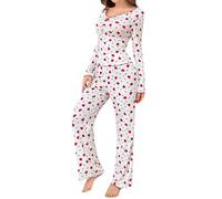 Leaomuny Pigiama Donna Cotone Lungo Mezza Stagione, Pigiami Elegante Leggero, Maglia Manica Lunga Scollo a Cuore Volant E Pantaloni Stampa Cuori Curvy, Set Pyjamas Morbido Primaverile Casual da Casa