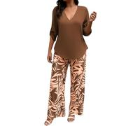 Leaomuny Pigiama Donna Cotone Mezza Stagione Lungo, Pigiami Curvy Elegante, Maglia Manica Lunga Scollo a V E Pantalone Stampa Floreale Leggero, Set Morbido Pyjamas Taglie Forti Primaverile da Casa