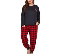 Leaomuny Pigiama Donna Cotone Mezza Stagione Lungo, Pigiami Leggero Curvy, Maglia Manica Lunga Cuore Girocollo E Pantalone a Quadri Elegante, Completo Taglie Forti Pyjamas Morbido Primaverile da Casa
