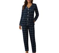 Leaomuny Pigiama Donna Mezza Stagione Cotone Lungo, Pigiami Leggero Elegante, Camicia Manica Lunga con Bottoni Davanti E Pantalone Stampa a Quadri Curvy, Set Morbido Pyjamas Primaverile da Casa