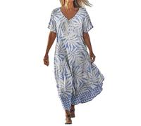 Leaomuny Vestito Donna Elegante Estivi Lungo, Vestiti Lunghi Primavera Eleganti Curvy Manica Corta Casual, Abito Floreale Taglie Forti Comode da Mare, Abiti Leggero Morbidi da Spiaggia Moda da Casa