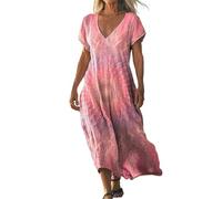 Leaomuny Vestito Donna Elegante Estivi Lungo, Vestiti Lunghi Primavera Eleganti Curvy Manica Corta Casual, Abito Floreale Taglie Forti Comode da Mare, Abiti Leggero Morbidi da Spiaggia Moda da Casa