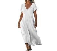 Leaomuny Vestito Donna Estivo Lungo Elegante Cotone Lino,Vestiti Lunghi Primavera Curvy Manica Corta Casual,Abito Tinta Unita Scollo a V Comode da Spiaggia,Abiti Morbidi Leggero da Mare Moda da Casa