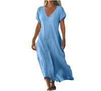 Leaomuny Vestito Donna Estivo Lungo Elegante Cotone Lino,Vestiti Lunghi Primavera Curvy Manica Corta Casual,Abito Tinta Unita Scollo a V Comode da Spiaggia,Abiti Morbidi Leggero da Mare Moda da Casa