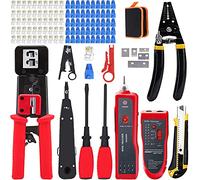 LEATBUY - Kit di crimpatura per crimpare Cat5/Cat5e/Cat6, set di utensili a crimpare RJ45, per passaggio RJ11/RJ12, per passaggio finale regolare con 50 connettori, 50 coperture per spellafili di rete (rosso)