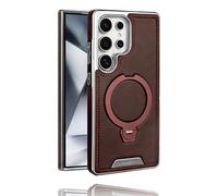 Leather-Backed Magnetic Folding Stand Case for Samsung S25 Ultra, Luxurious Leather Magnetic Case with 360 Degree Rotating Invisible Stand for S25/S24/S23 Ultra Plus (Dark Brown,S24)