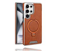 Leather-Backed Magnetic Folding Stand Case for Samsung S25 Ultra, Luxurious Leather Magnetic Case with 360 Degree Rotating Invisible Stand for S25/S24/S23 Ultra Plus (Brown,S23ULTRA)
