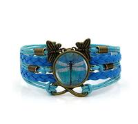 Leather Bracelets,Blue Rope Vintage Amber Blue Dragonfly Animal,Time Gemstone Multi-Layer Hand-Woven Glass Combination Jewelry Ladies Fashion European And American Jewelry