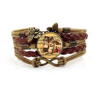 Leather Bracelets,Brown Rope Beautiful Melodies Cute Violin Cat Animal,Time Gemstone Multi-Layer Hand-Woven Glass Combination Jewelry Ladies Fashion European And American Jewelr