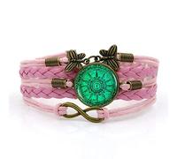 Leather Bracelets,Pink Rope Vintage Green Compass Hour Hand Art,Time Gemstone Multi-Layer Hand-Woven Glass Combination Jewelry Ladies Fashion European And American Jewelry