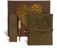 Leather Journal Embossed Heart Gift Set + Antique Leather Bookmark + Pen, Handmade Writing Notebook 8x6 Inches Unlined Bound Daily Notepad For Men For Women, Luxury Gift Box Diary for all ages