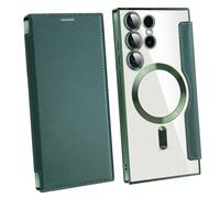 Leather Textured Flip Phone Case for Samsung Galaxy S25 S24 S23 S22 Ultra Plus, Magnetic Wireless Charging Shell, with Card Clip Wallet (S22PLUS,Green)