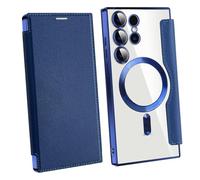Leather Textured Flip Phone Case for Samsung Galaxy S25 S24 S23 S22 Ultra Plus, Magnetic Wireless Charging Shell, with Card Clip Wallet (S22PLUS,Dark Blue)