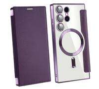 Leather Textured Flip Phone Case for Samsung Galaxy S25 S24 S23 S22 Ultra Plus, Magnetic Wireless Charging Shell, with Card Clip Wallet (S23Ultra,Purple)