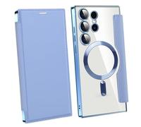Leather Textured Flip Phone Case for Samsung Galaxy S25 S24 S23 S22 Ultra Plus, Magnetic Wireless Charging Shell, with Card Clip Wallet (S23,Light Blue)