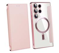 Leather Textured Flip Phone Case for Samsung Galaxy S25 S24 S23 S22 Ultra Plus, Magnetic Wireless Charging Shell, with Card Clip Wallet (S22PLUS,Pink)