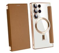 Leather Textured Flip Phone Case for Samsung Galaxy S25 S24 S23 S22 Ultra Plus, Magnetic Wireless Charging Shell, with Card Clip Wallet (S25EDGE,Brown)
