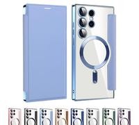 Leather Textured Flip Phone Case for Samsung Galaxy S25 S24 S23 S22 Ultra Plus Series, Card Clip Wallet PU Leather Case, for Samsung Mobile Phone Case (A16,Light Blue)