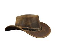 Leatherick Cappello da Cowboy in Pelle - Cappello Intrecciato Marrone Cappello Australiano Vintage Conchos Outback con Tesa Larga e Cordino per Il Mento (M, Marrone (Treccia))
