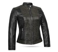 Leatherick Giacca da donna in pelle di agnello premium nera liscia con design testurizzato inciso al laser e chiusura frontale con cerniera (IT, Testo, XL, Regular, Regular, Nero (testurizzato))