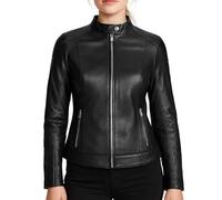 Leatherick Giacca da donna in pelle di agnello premium nera liscia con design testurizzato inciso al laser e chiusura frontale con cerniera (IT, Testo, L, Regular, Regular, Nero (semplice))