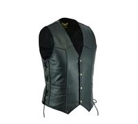 Leatherick Gilet da motociclista in pelle di vacchetta di prima qualità, classico con lacci laterali da uomo, nero (L)