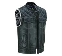 Leatherick Gilet da motociclista in pelle nera da uomo - Fodera tradizionale in raso Paisley con cuciture a rombi bianchi e intreccio intrecciato a mano sul giromanica (M-EUR50)