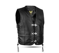 Leatherick Gilet da Motociclista in vera Pelle nera da Uomo - Design Classico Intrecciato, Lacci Laterali e Cerniera Gilet da Motociclista da Uomo con Fibbie a Gancio da Pesca