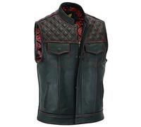 Leatherick Groove Club Gilet Pelle Uomo - Fodera in Raso Paisley Tradizionale Con Cuciture a Rombi Rossi (5XL)