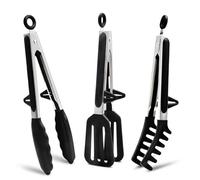 LEAZZLE 3 Pezzi 26 cm Pinza da Cucina Acciaio Inox, Pinza per Spaghetti, Pinza Cucina Silicone,Pinze Cucina Professionali, Utensili Cucina Silicone per Spaghetti, Insalata, Pasta, Cucina (Nero)